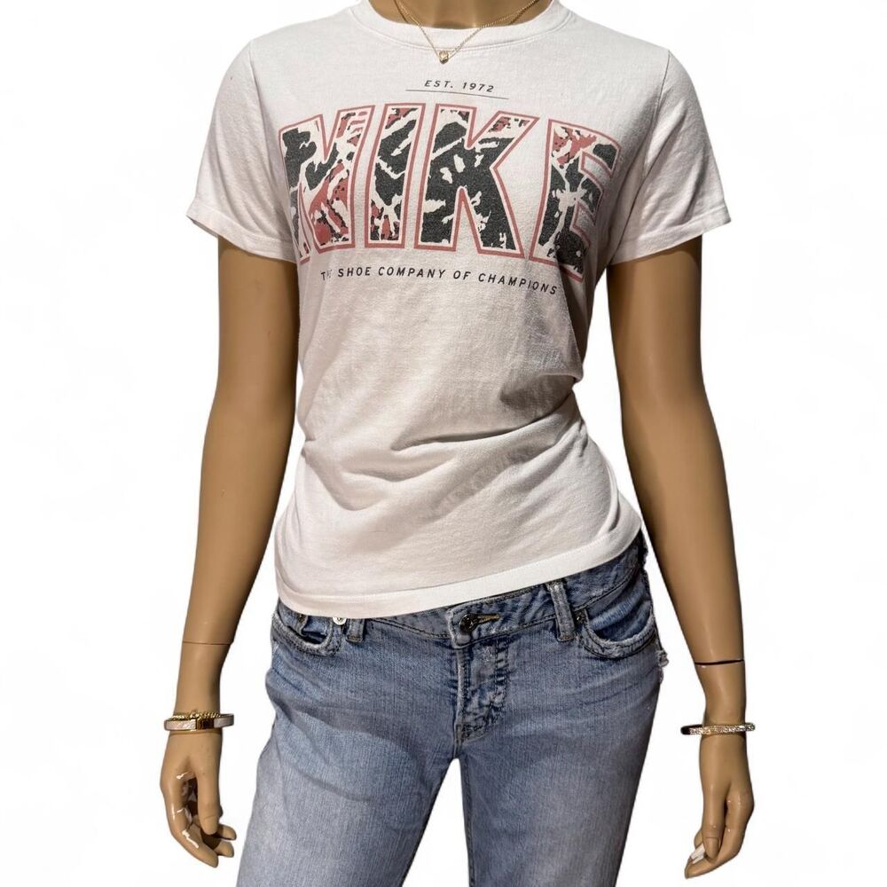 Nike Youth XL Women's S White Pink Spell out Graphic Baby Tee Y2K Sporty